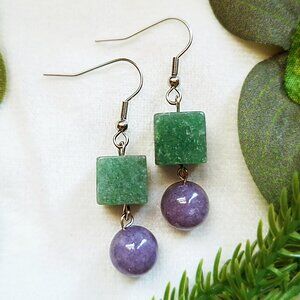 Green Aventurine Cube & Purple Chalcedony Stone Drop Earrings, Stainless Steel